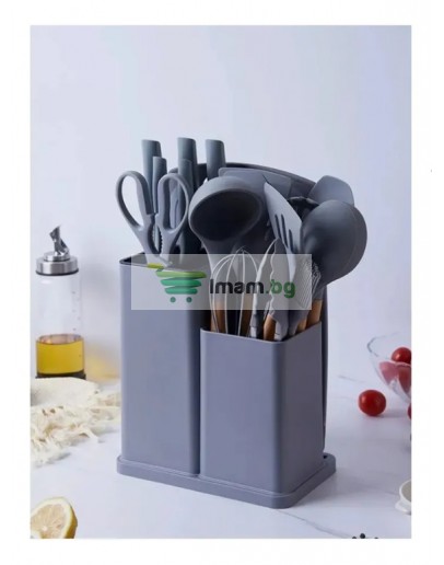 К-т силиконови прибори 33 части със стойка ножове, ножица и дъска